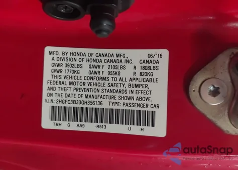 2016 Honda Civic Ex-T from USA, damaged, VIN 2HGFC3B33GH356136